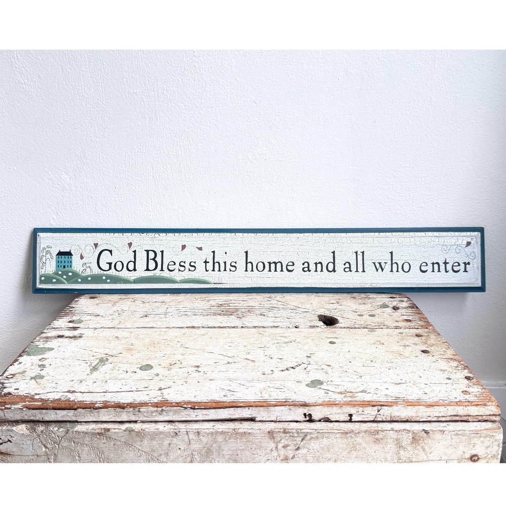 Vintage God Bless This Home Wood Sign Primitive Crackle Finish 28"CSG